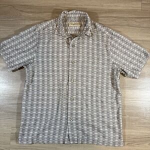 Tommy Bahama Shirt Mens L 100% Silk Gray All Over‎ Print Button Up Geometric